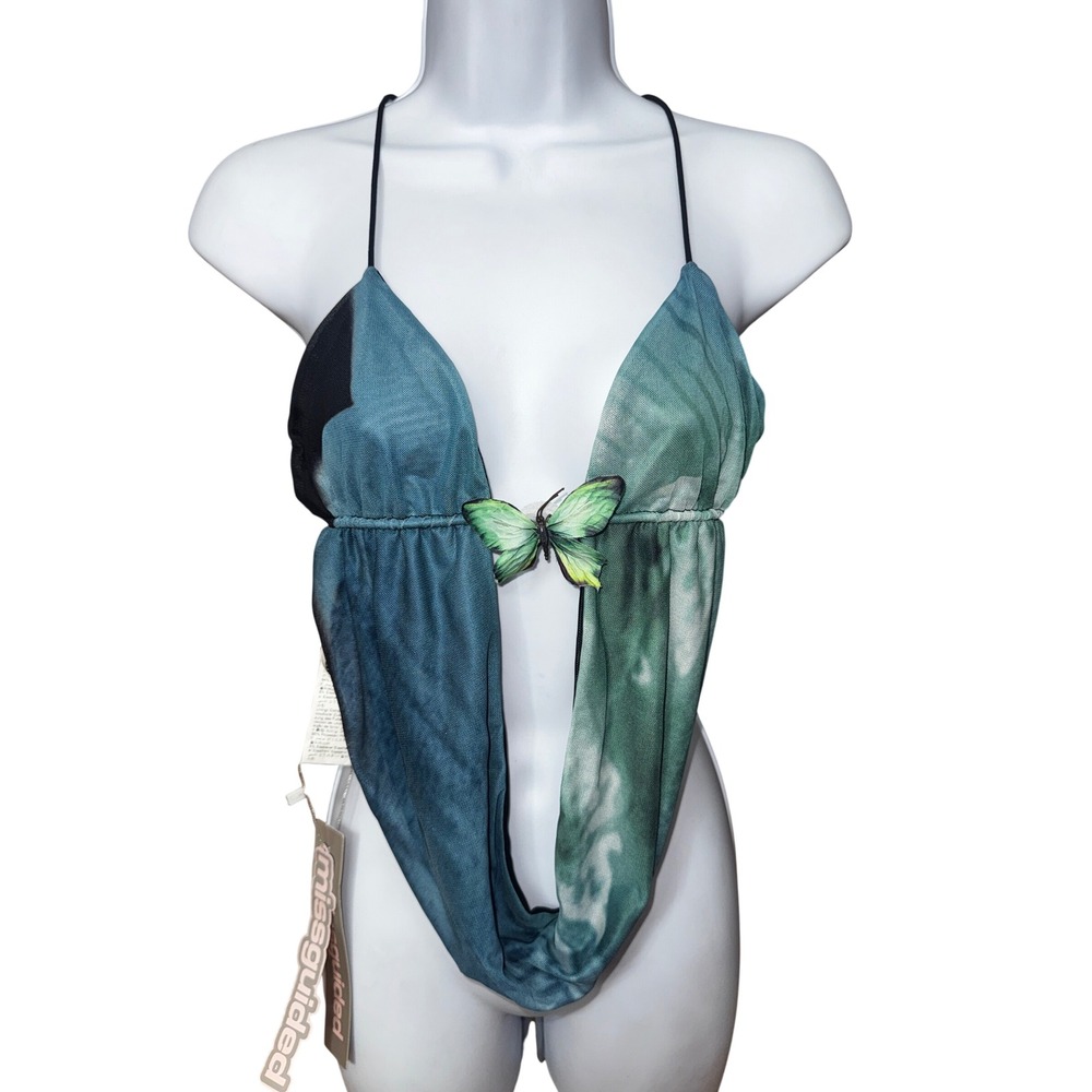 Y2k Sexy Cropped Blue Green Tie Dye Mesh Butterfly Halter Top Large Rave Baddie